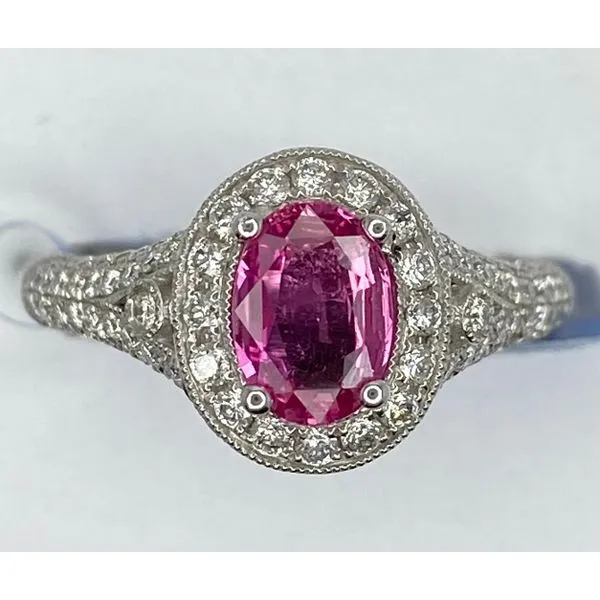 18K White Gold Oval Pink Sapphire Bead Set Diamond Halo Ring Gary J. Long Jewelers Stockton, CA