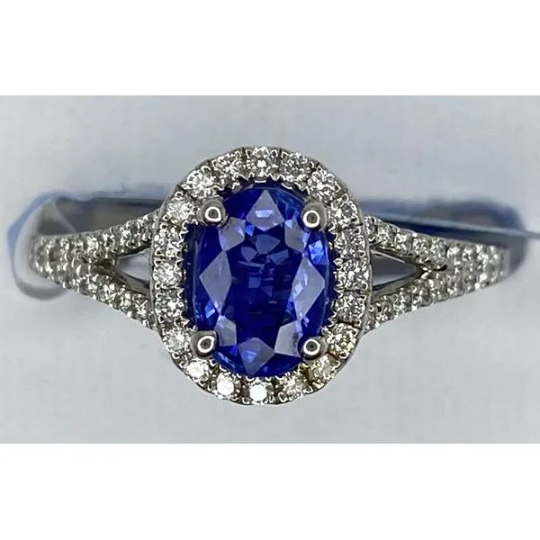 14K White Gold Oval Blue Sapphire Diamond Split Shank Halo Ring Gary J. Long Jewelers Stockton, CA
