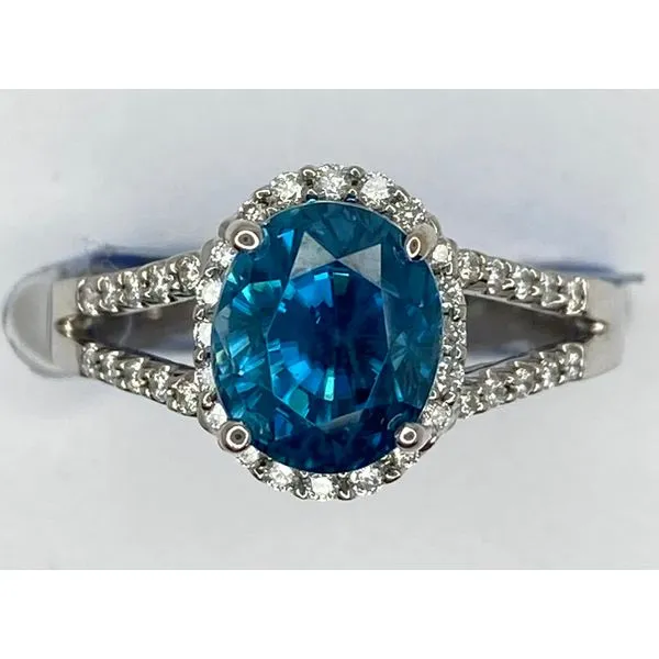 18K White Gold Oval Blue Zircon Diamond Halo Split Shank Ring Gary J. Long Jewelers Stockton, CA