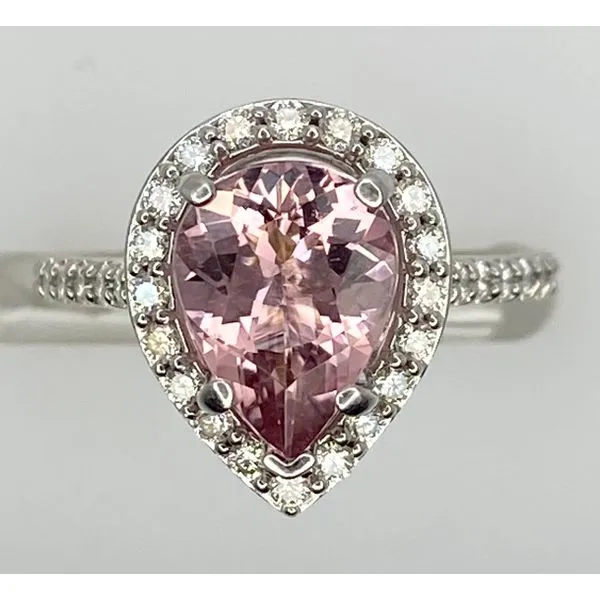 14K White Gold Pear Shape Morganite Diamond Halo Fashion Ring Gary J. Long Jewelers Stockton, CA