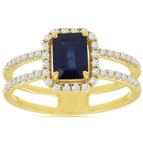14KY Sapphire Diamond Halo Split Row Ring Gary J. Long Jewelers Stockton, CA