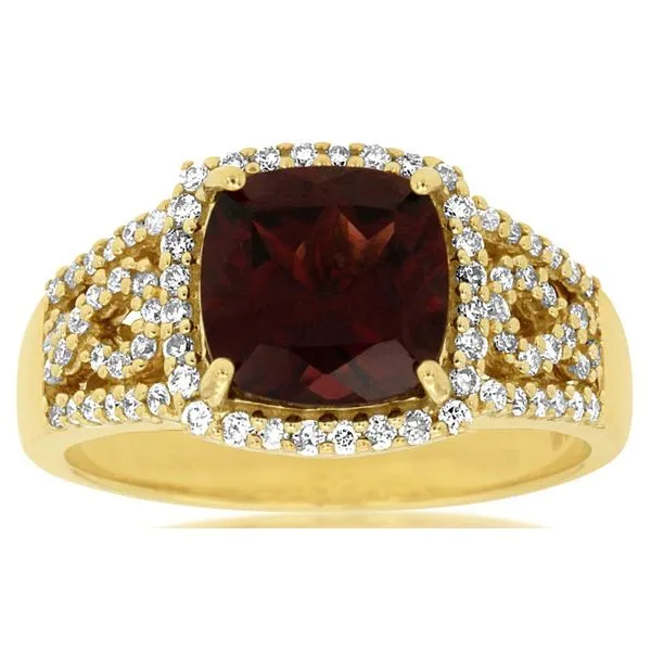 14K Yellow Gold Garnet Diamond Halo Ring Gary J. Long Jewelers Stockton, CA