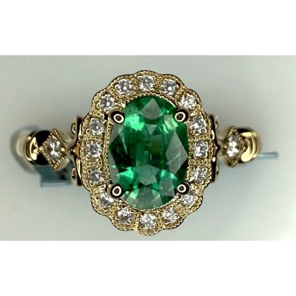 14KY VINTAGE STYLE EMERALD DIAMOND HALO RING Gary J. Long Jewelers Stockton, CA