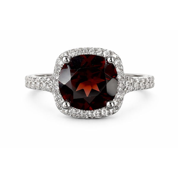 14KW GARNET DIAMOND HALO RING Gary J. Long Jewelers Stockton, CA