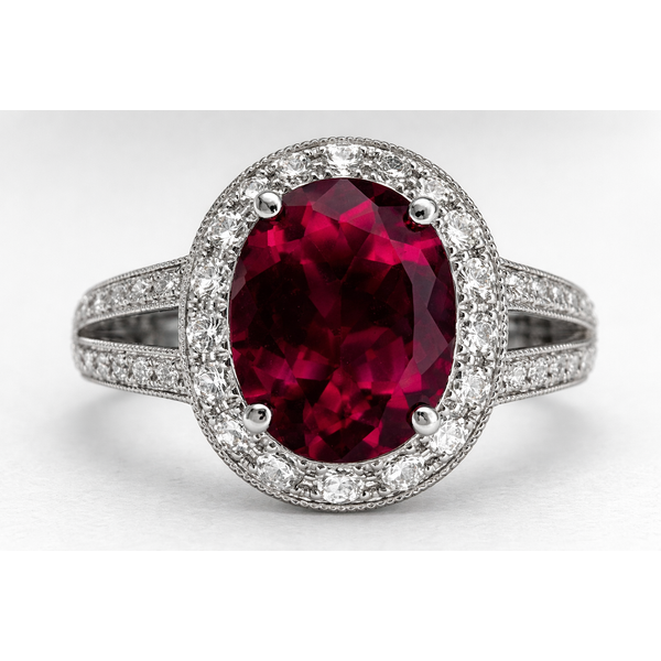 18KW RUBELLITE DIAMOND HALO RING Gary J. Long Jewelers Stockton, CA