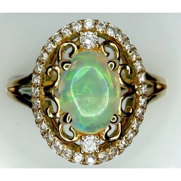 14KY ETHIOPIAN OPAL DIAMOND HALO RING Gary J. Long Jewelers Stockton, CA