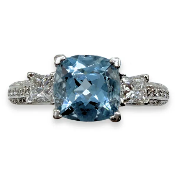 Platinum Aquamarine Diamond Filigree Ring Gary J. Long Jewelers Stockton, CA
