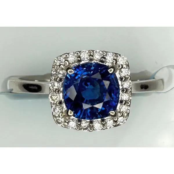 14KW BLUE SAPPHIRE DIAMOND HALO RING Gary J. Long Jewelers Stockton, CA