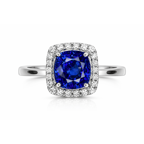 14KW BLUE SAPPHIRE DIAMOND HALO RING Gary J. Long Jewelers Stockton, CA