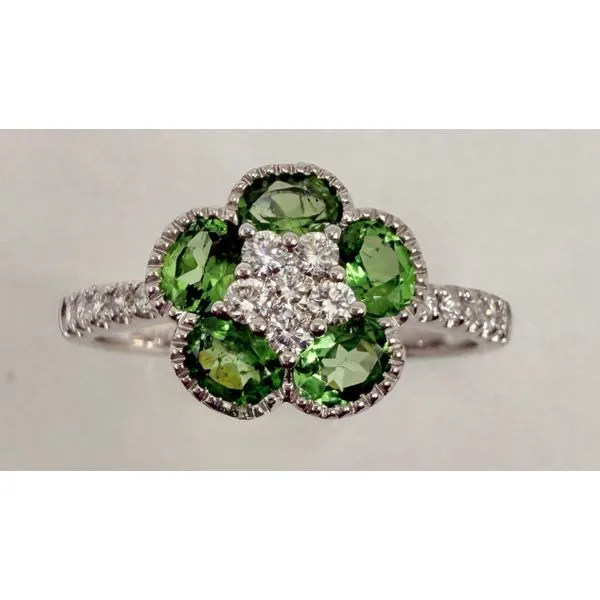 14K White Gold Tsavorite Garnet Diamond Flower Ring Gary J. Long Jewelers Stockton, CA