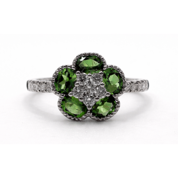 14K WHITE GOLD TSAVORITE GARNET DIAMOND FLOWER RING Gary J. Long Jewelers Stockton, CA