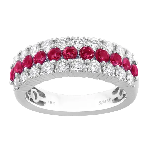 18K White Gold Ruby Diamond 3-Row Ring Gary J. Long Jewelers Stockton, CA
