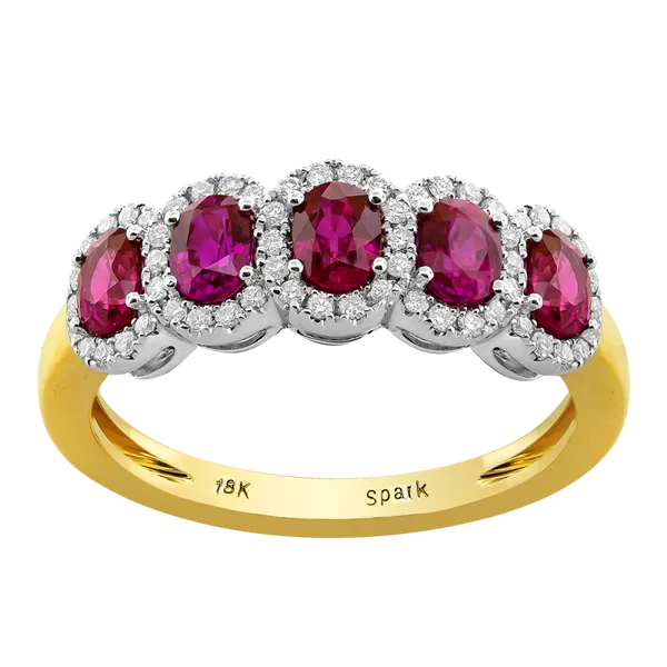 18K Tricolor Oval Ruby Diamond Halo 5-Stone Ring Gary J. Long Jewelers Stockton, CA