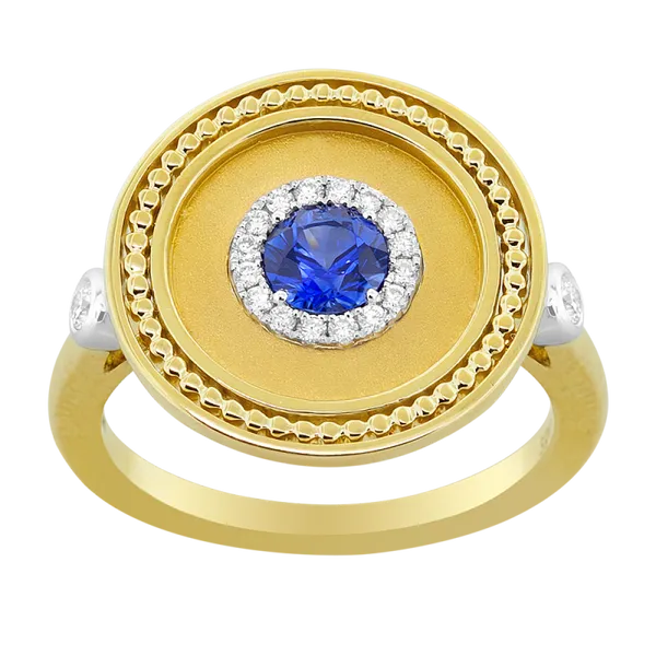 18K Tri-Tone Gold Round Sapphire Diamond Medallion Ring Gary J. Long Jewelers Stockton, CA