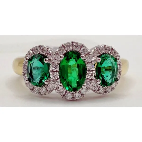 18K Tri-Tone Emerald Diamond 3-Stone Ring Gary J. Long Jewelers Stockton, CA