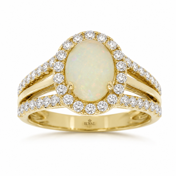 14K Yellow Gold Oval Opal & Diamond Halo Ring Gary J. Long Jewelers Stockton, CA