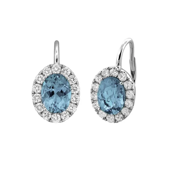 18K White Gold Oval Aquamarine Diamond Halo Euro Style Earrings Gary J. Long Jewelers Stockton, CA