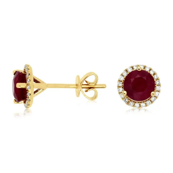 14K Yellow Gold Ruby Diamond Halo Stud Earrings Gary J. Long Jewelers Stockton, CA