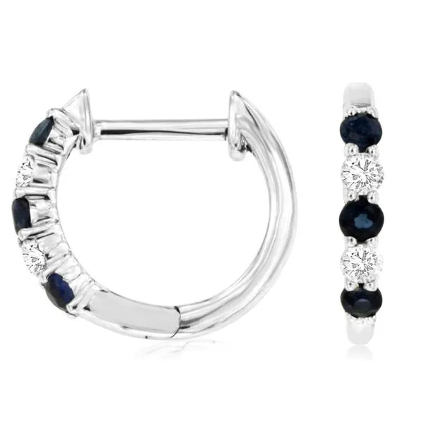 14K White Gold Alternating Sapphire Diamond Huggie Earrings Gary J. Long Jewelers Stockton, CA