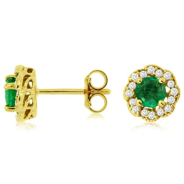 14K Yellow Gold Emerald Diamond Halo Stud Earrings Gary J. Long Jewelers Stockton, CA