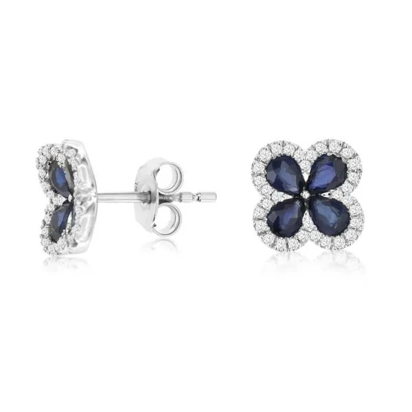 14K White Gold Blue Sapphire Diamond Flower Stud Earrings Gary J. Long Jewelers Stockton, CA