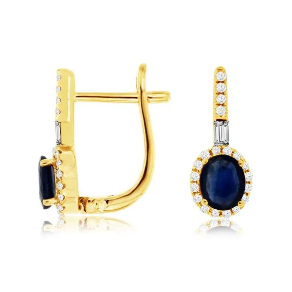 14K Yellow Gold Oval Sapphire Diamond Halo Leverback Earrings Gary J. Long Jewelers Stockton, CA