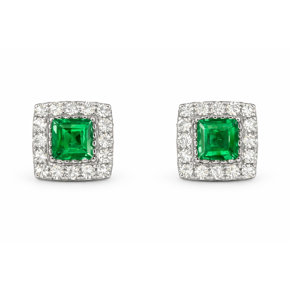 14KW EMERALD DIAMOND HALO STUD EARRINGS Gary J. Long Jewelers Stockton, CA