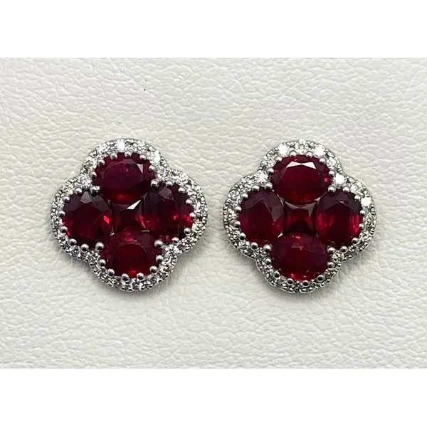 18KW RUBY DIAMOND CLUSTER STUD EARRINGS Gary J. Long Jewelers Stockton, CA