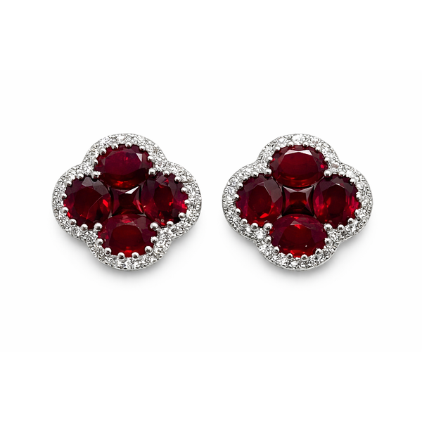18KW RUBY DIAMOND CLUSTER STUD EARRINGS Gary J. Long Jewelers Stockton, CA