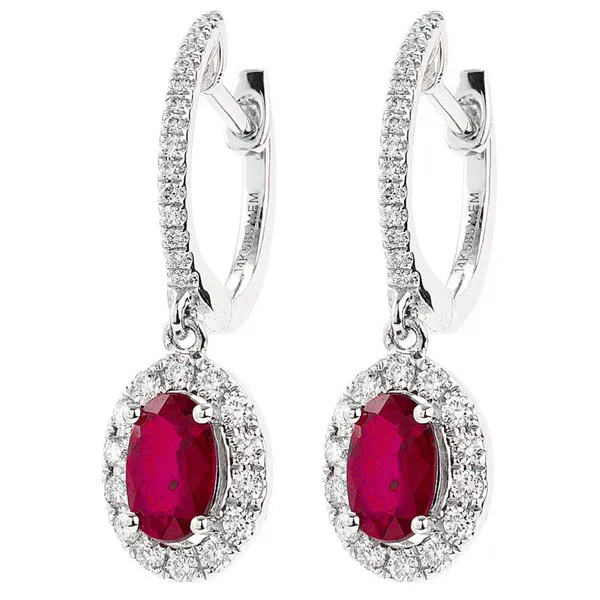 18KW RUBY DIAMOND HALO DANGLE EARRINGS Gary J. Long Jewelers Stockton, CA