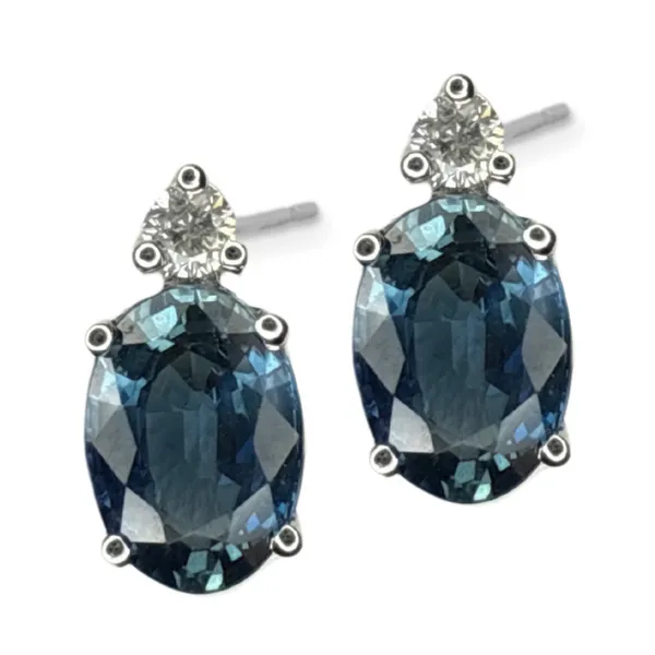 14KW BLUE SAPPHIRE SINGLE DIAMOND STUD EARRINGS Gary J. Long Jewelers Stockton, CA