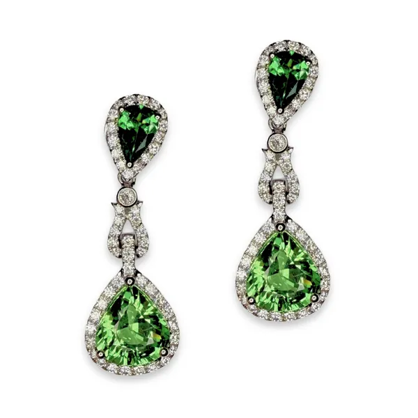 18KW ONE OF A KIND TSAVORITE / DIAMOND DANGLE EARRINGS Gary J. Long Jewelers Stockton, CA