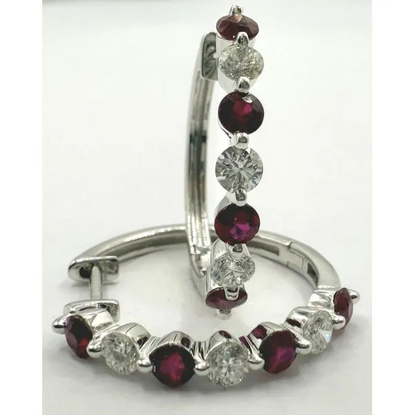 14K White Gold Ruby Diamond Hoop Earrings Gary J. Long Jewelers Stockton, CA