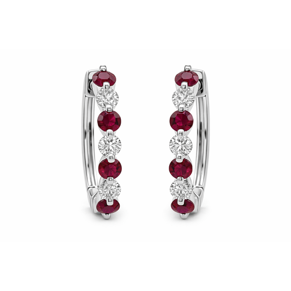 14K WHITE GOLD RUBY DIAMOND HOOP EARRINGS Gary J. Long Jewelers Stockton, CA