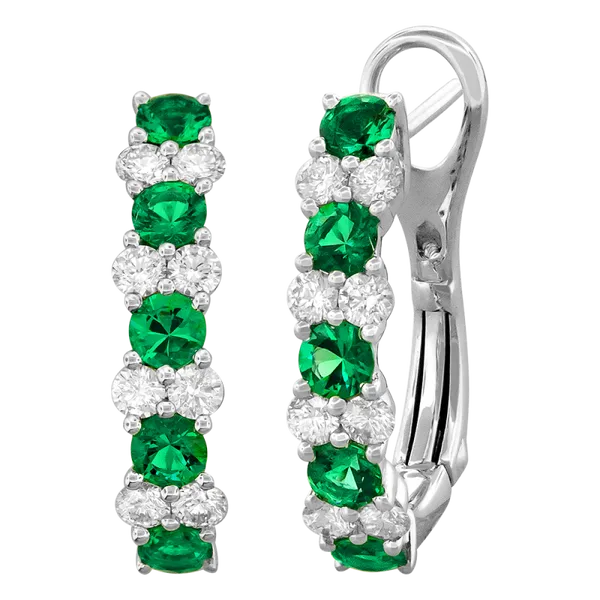 18K White Gold Emerald Diamond Huggie Earrings Gary J. Long Jewelers Stockton, CA