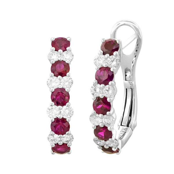 18K White Gold Ruby Diamond Huggie Earrings Gary J. Long Jewelers Stockton, CA