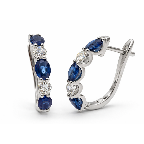 14K White Gold Diamond Sapphire Hoop Earrings Gary J. Long Jewelers Stockton, CA