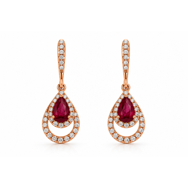 14K rose gold ruby drop earrings, pear shaped ruby earrings, ruby and diamond drop earrings, rose gold gemstone earrings, rou