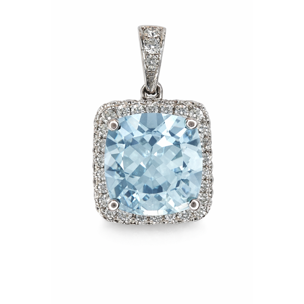 18KW AQUAMARINE SQUARE DIAMOND HALO PENDANT Gary J. Long Jewelers Stockton, CA