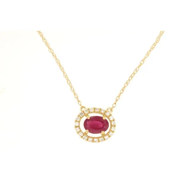 14K Yellow Gold Oval Ruby Diamond Halo Horizontal Pendant Gary J. Long Jewelers Stockton, CA