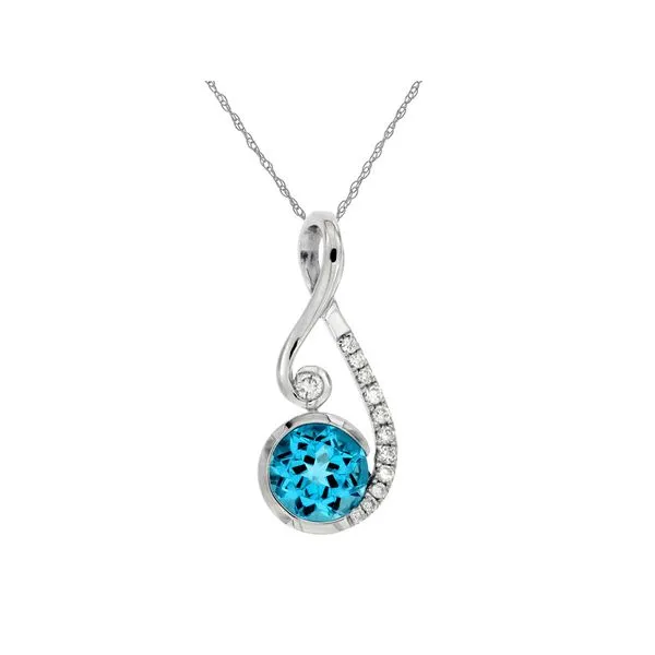 14K White Gold Round Blue Topaz Diamond Swirl Pendant Gary J. Long Jewelers Stockton, CA
