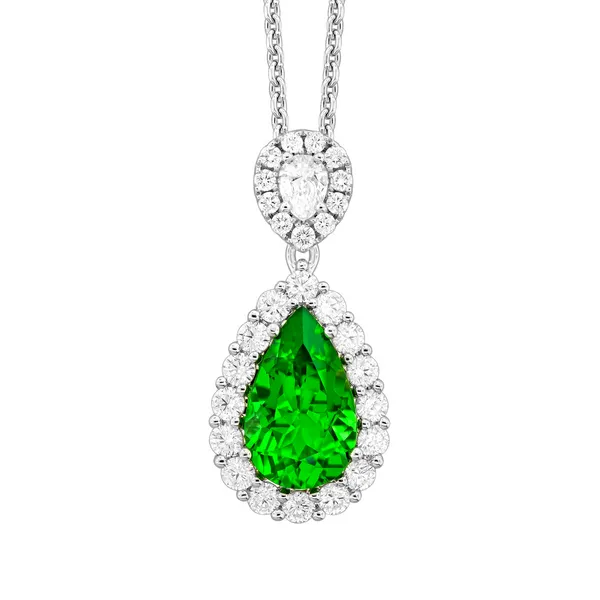 18K White Gold Pear Chrome Tourmaline Diamond Halo Pendant Gary J. Long Jewelers Stockton, CA