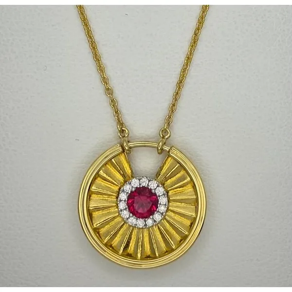18K Yellow Gold Ruby Diamond Circle Fan Pendant Gary J. Long Jewelers Stockton, CA