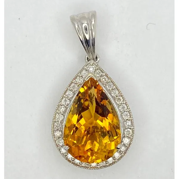 14K White Gold Citrine Diamond Halo Pendant Gary J. Long Jewelers Stockton, CA