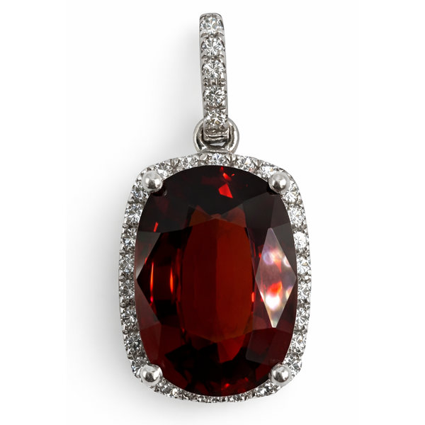 18K White Gold Spessartine Garnet Diamond Halo Pendant Gary J. Long Jewelers Stockton, CA