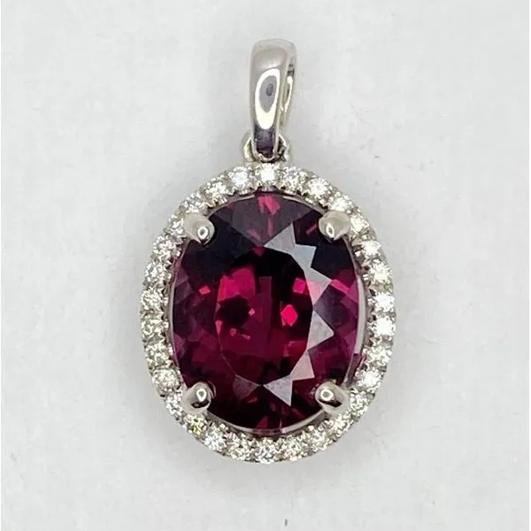 14K White Gold Rhodolite Garnet Diamond Halo Pendant Gary J. Long Jewelers Stockton, CA