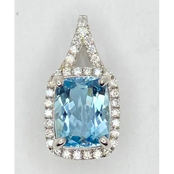 14K White Gold Aquamarine Diamond Surround Pendant Gary J. Long Jewelers Stockton, CA