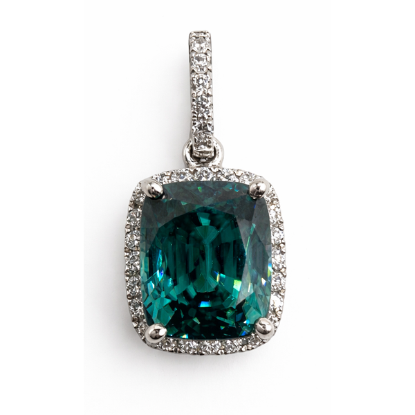 18K White Gold Antq Cushion Blue Zircon Diamond Halo Pendant Gary J. Long Jewelers Stockton, CA