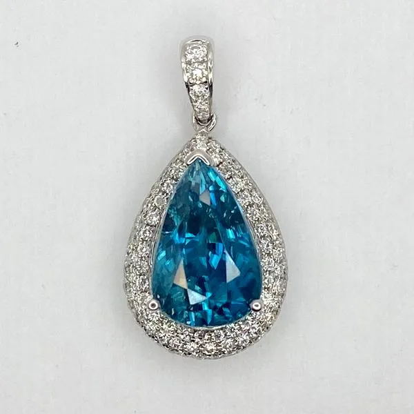 18K White Gold Pear Blue Zircon Diamond Pave Filigree Pendant Gary J. Long Jewelers Stockton, CA