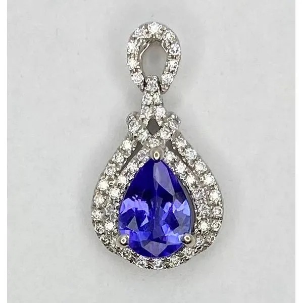 14K White Gold Pear Tanzanite 2Row Diamond Surround Pendant Gary J. Long Jewelers Stockton, CA